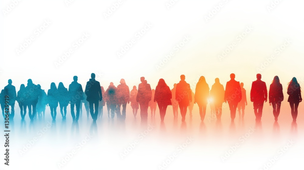 Naklejka premium Silhouettes of people standing together in colorful light.