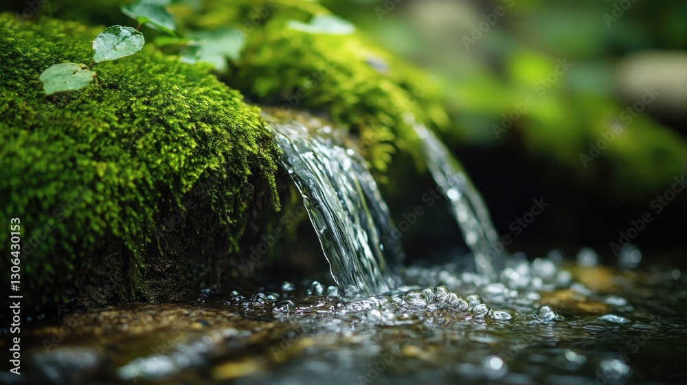 Fototapeta premium A small waterfall cascading over a mossy rock surface in nature