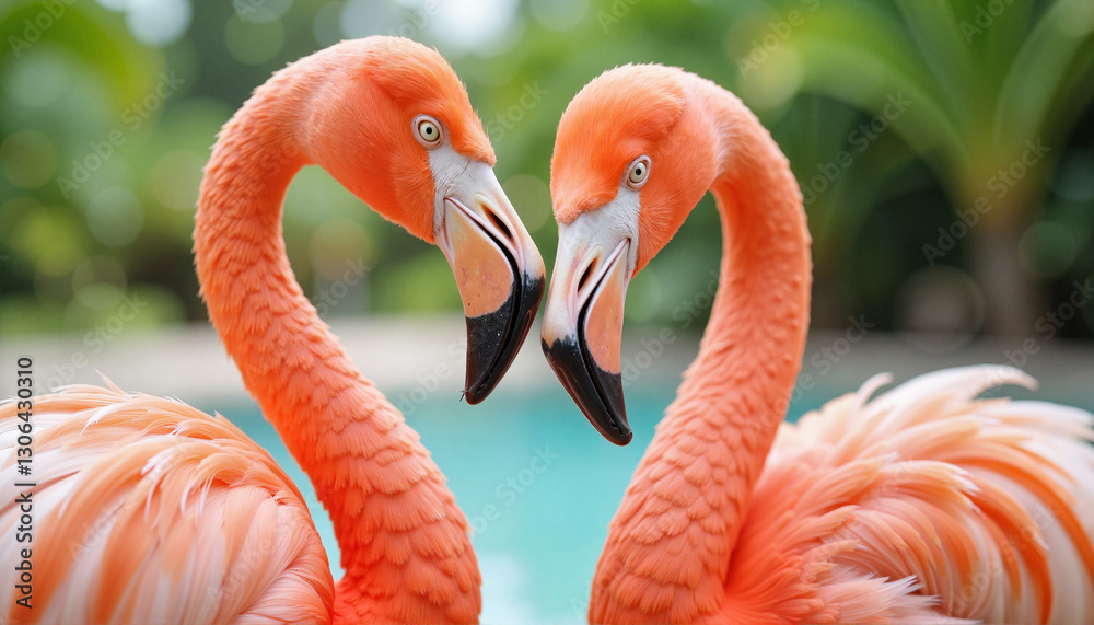 Obraz premium Flamingos forming heart shape in tropical landscape, symbolizing love