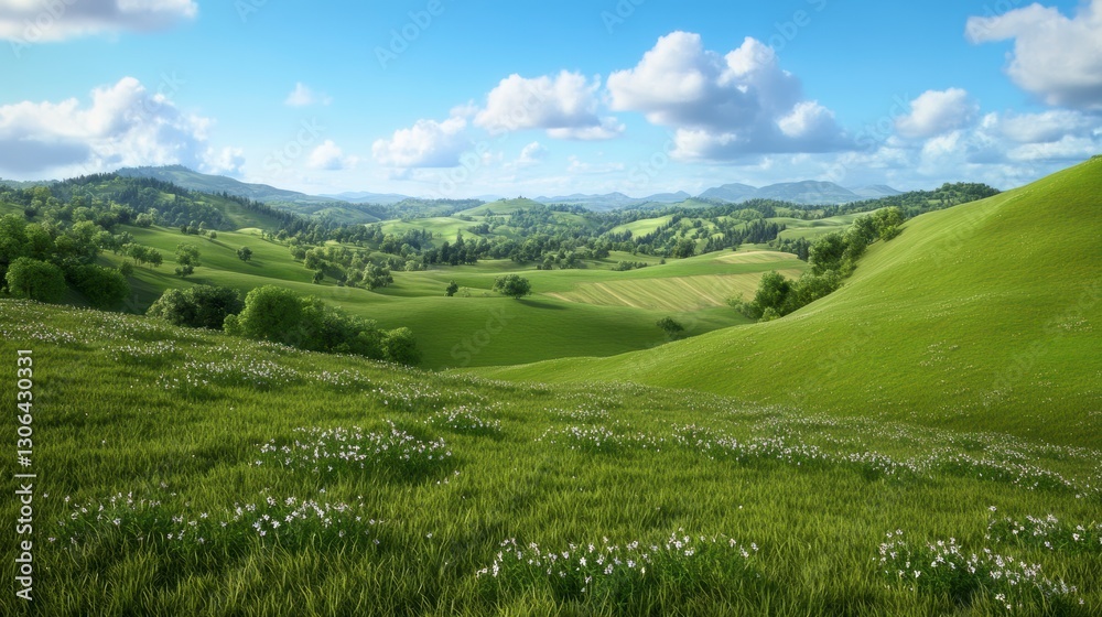 Sunlit Meadow Landscape with Rolling Green Hills and Wildflowers Sunlit Meadow Landscape with Rolling Green Hills and Wildflowers