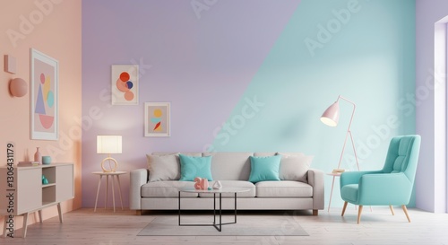 Serene Pastel Living Space: A beautifully designed living room showcases a stylish couch, armchair, and decorative elements against a pastel color palette.