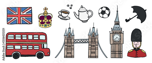 Illustration of British icons: Union Jack, crown, tea set, soccer ball, umbrella, double-decker bus, Tower Bridge, Big Ben, royal guard. British culture symbols. London travel illustrations vector set