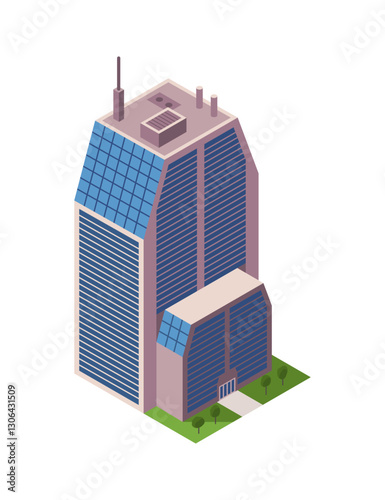 Office building, isometric skyscraper, modern apartments. Vector illustration, 3D design used for logos, infographics and city map creation