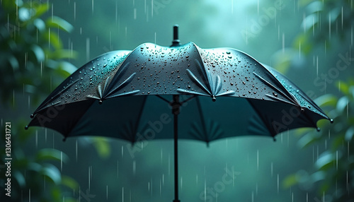 фотографія Black umbrella with raindrops in a lush green background