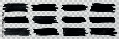 Set of 12 black brush strokes on transparent background. Brush strokes vary in thickness and texture. Ideal for design projects needing brush stroke elements. Creative elements, vector set.