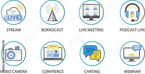  Editable Vector Live Streaming Icons Set Online Meetings, Zoom, Podcast, Headphones, Camera, Internet Conference, Webinar Recording.