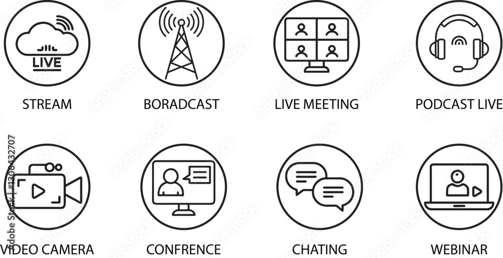 Editable Vector Live Streaming Icons Set Online Meetings, Zoom, Podcast, Headphones, Camera, Internet Conference, Webinar Recording. Editable Vector Live Streaming Icons Set Online Meetings, Zoom, Podcast, Headphones, Camera, Internet Conference, Webinar Recording.