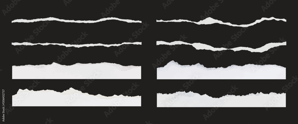 Set of torn paper edges on a black background. Torn paper textures in various shapes. Torn paper design elements for creative projects. Ripped paper element set. Vectors.