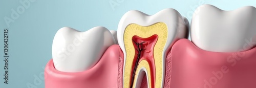 Damaged tooth showing root canal and pulp on blue background
