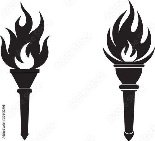 Fire Torch Silhouette, Vector Illustration on White Background for Designs and Decorations., Flaming vector icons illustrate hot fire and torch symbols