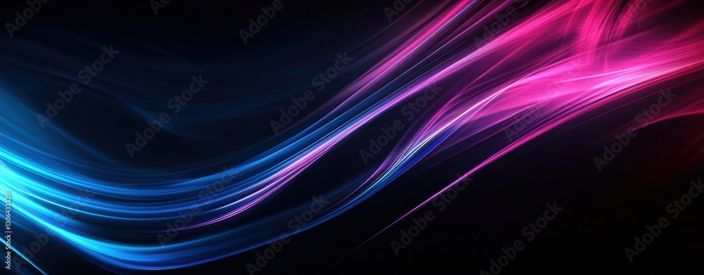 Fototapeta premium abstract neon background with glowing blue and pink lines on black, virtual scene for presentation, concert poster