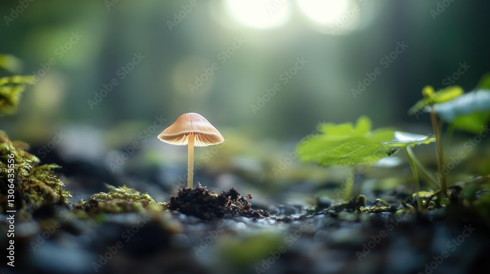 A small illuminated mushroom growing on a forest floor A small illuminated mushroom growing on a forest floor