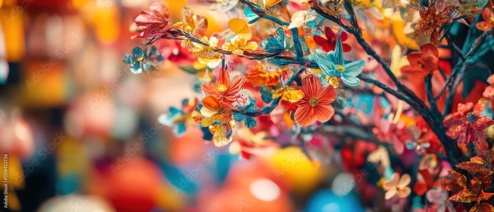Vibrant artificial flower tree with colorful blossoms and bokeh background, creating a festive and decorative atmosphere Vibrant artificial flower tree with colorful blossoms and bokeh background, creating a festive and decorative atmosphere