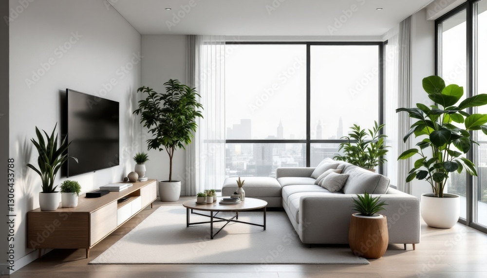 Fototapeta premium Modern living room with large windows and indoor plants overlooking cityscape