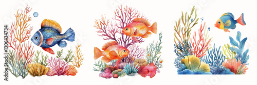 Watercolor set of exotic sea coral with seagrass among which fish swim. Underwater creatures and animals - sea coral reefs. Concept of underwater world, aquarium, oceanarium, etc.