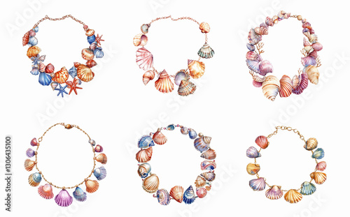 Watercolor seashell necklace set. Watercolor necklace with a chain on which seashells are attached and decorated with marine elements. Marine jewelry for the neck.