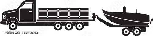 Silhouette Minimalist Truck Towing Boat Icon Dual Axle Trailer for Transportation and Recreation Vector on White Background