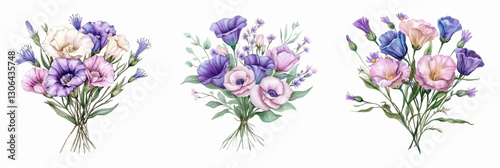Watercolor bouquet with eustoma. Purple, white and pink eustoma flowers and green leaves. Romantic bouquets in rustic style. Elements for wedding and spring designs.