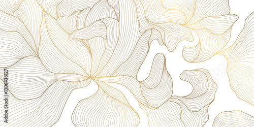Vector golden flower line illustration, floral luxury abstract background, spring romantic card, botanical elegant ornament, print.