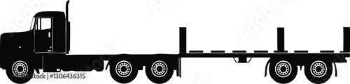  Black and White Silhouette of SemiTruck with Flatbed Trailer Carrying Pallets Side-View Vector Illustration on White Background.