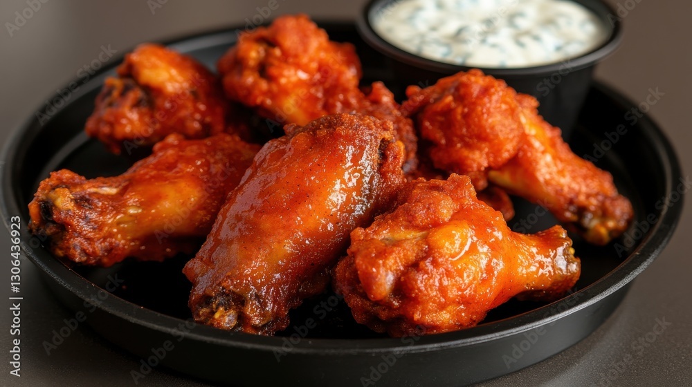 A sizzling plate of spicy buffalo chicken wings with blue cheese dip A sizzling plate of spicy buffalo chicken wings with blue cheese dip