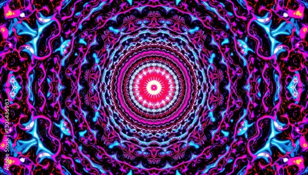 The illustration showcases a mesmerizing digital fractal pattern that is intricately detailed with vibrant colors and intricate geometric shapes seamlessly blending and repeating t