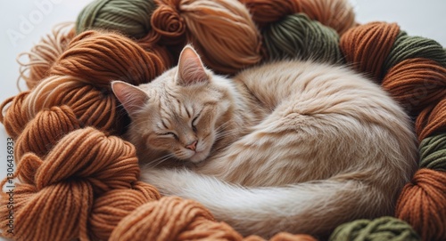 Cozy Cat Napping on Yarn Autumn Winter Pet Sleep