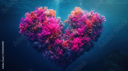 Underwater heart-shaped coral reef, vibrant colors, marine life, romantic, digital art, nature, beauty, peace photo