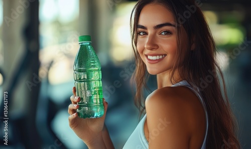Hydrated and Happy: A Smiling Woman Holds a Refreshing Bottle of Water After a Workout