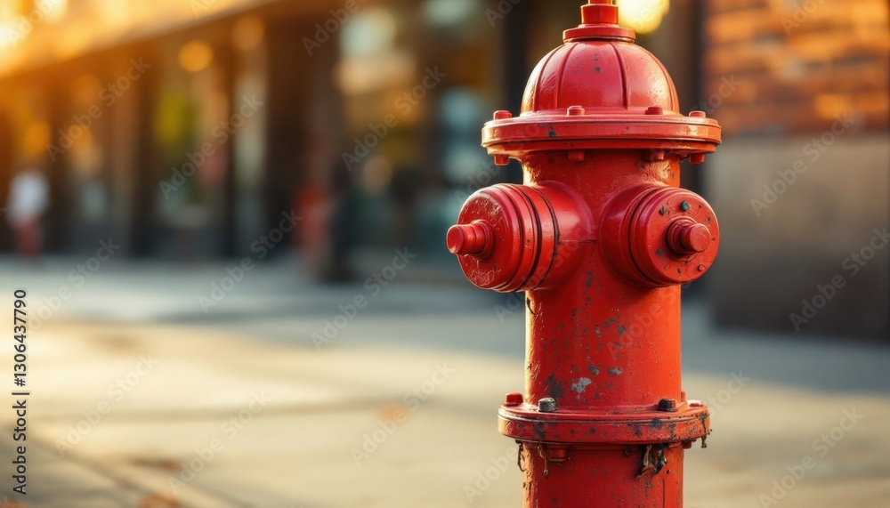 Red fire hydrant on urban street in warm evening sunlight Red fire hydrant on urban street in warm evening sunlight