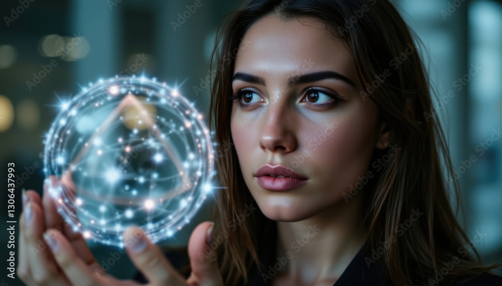 Naklejka premium A businesswoman gazes confidently at a digital triangle exploding sphere hologram, symbolizing her innovative approach to navigating the complexities of modern business