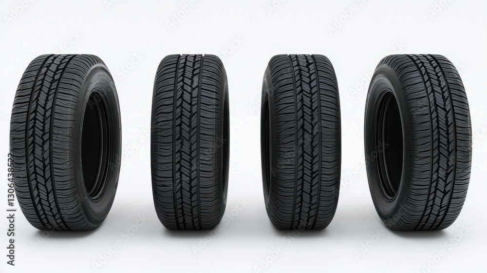 Four Black Tires Displayed in a Row on White Background