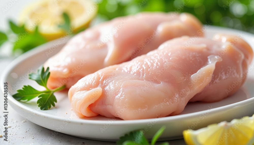 Fresh chicken breasts presented on plate with herbs and lemon, healthy eating Fresh chicken breasts presented on plate with herbs and lemon, healthy eating