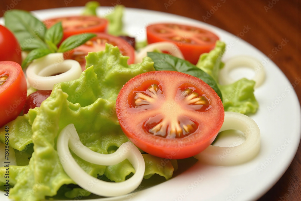 plate of salad with tomatoes onions and basil on a table plate of salad with tomatoes onions and basil on a table