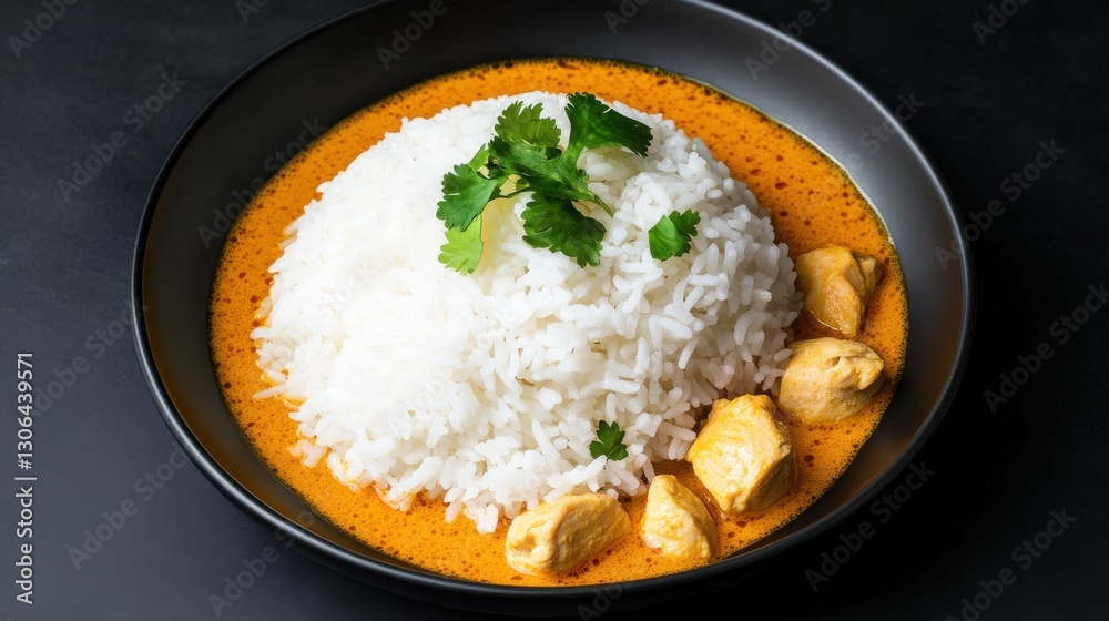 A plate of homemade chicken curry served with steamed jasmine rice, A plate of homemade chicken curry served with steamed jasmine rice,