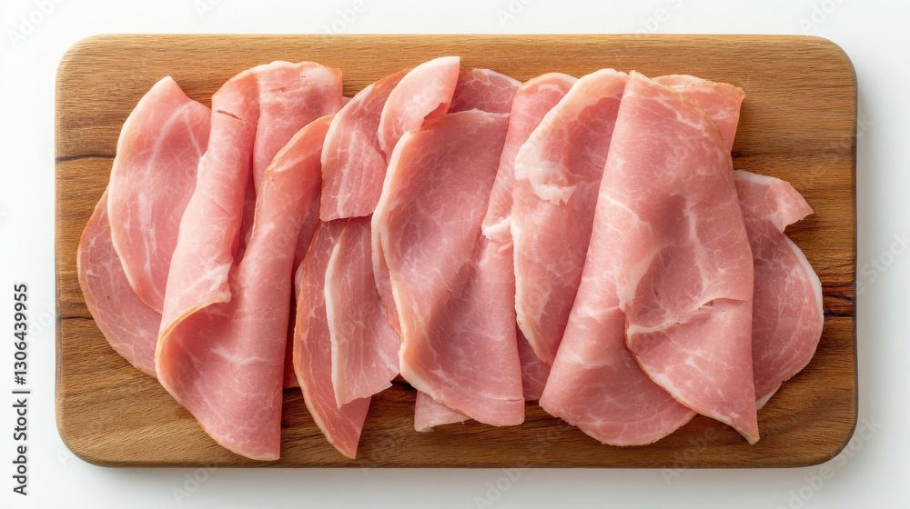 A plate of deli-style sliced ham arranged neatly on a wooden cutting board, A plate of deli-style sliced ham arranged neatly on a wooden cutting board,