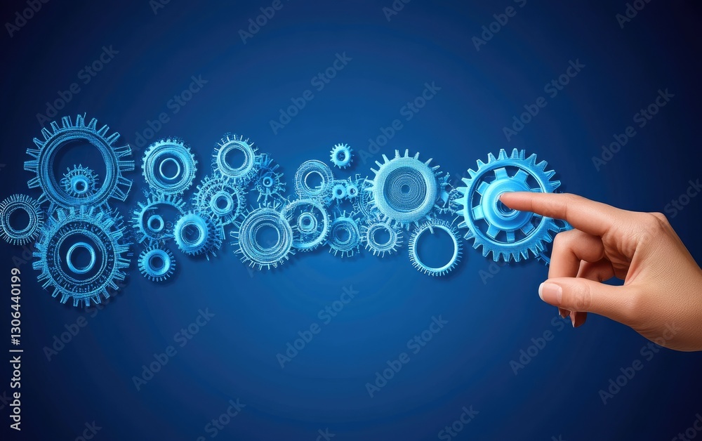 Hand Adjusting Interconnected Gears on Dark Blue Background Hand Adjusting Interconnected Gears on Dark Blue Background