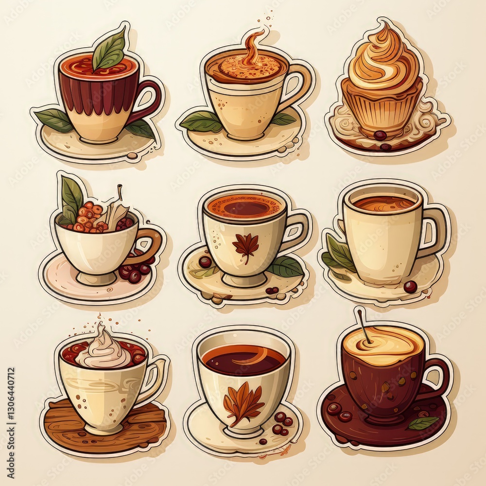Obraz premium Flat Vector Illustration of Coffee Sticker Sheet