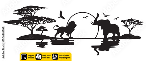 African Wildlife Silhouette Savannah Sunset with Lion Elephant Trees