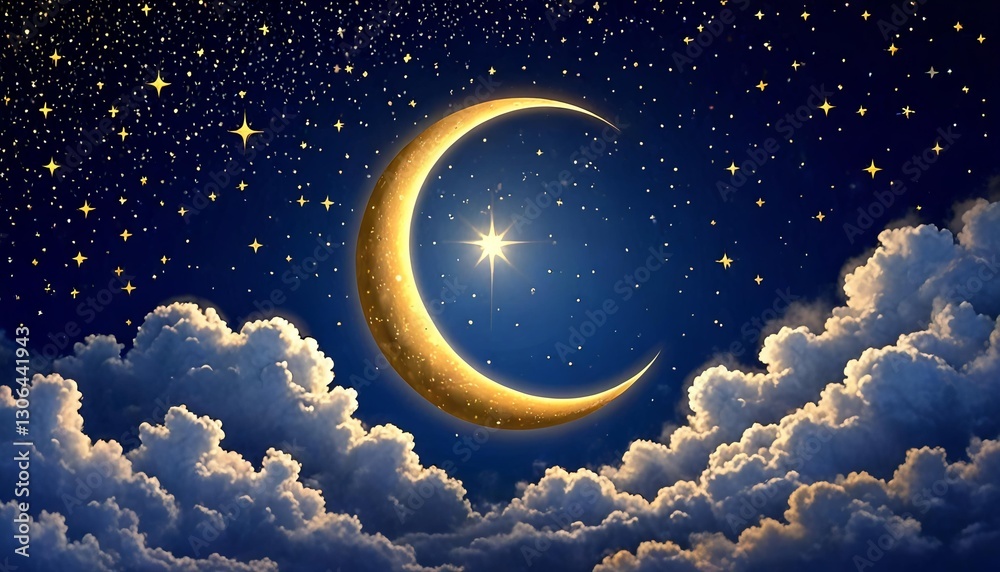 Obraz premium Glowing Crescent Amidst Ethereal Night Sky with Twinkling Stars