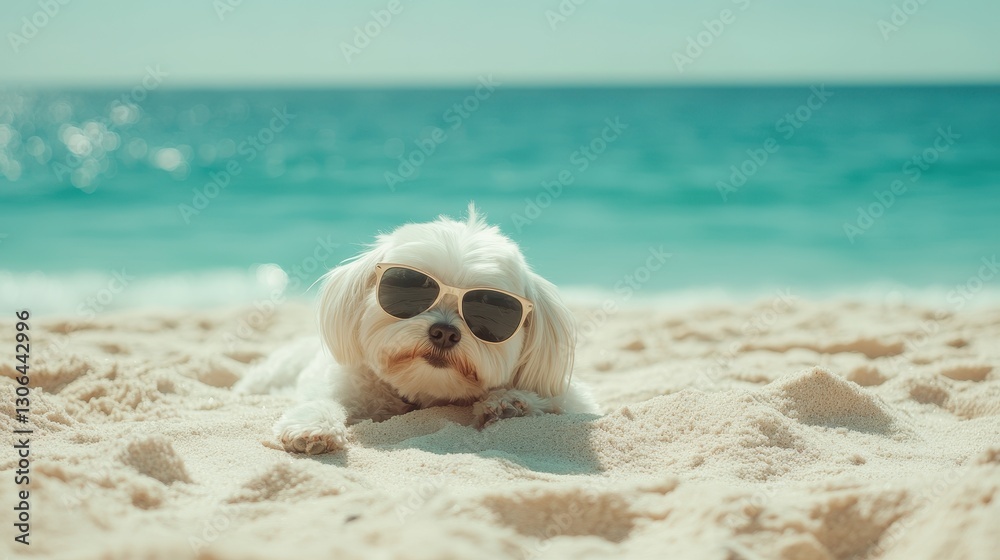Obraz premium Couple Puppy dog and orange cat wearing sunglasses sitting on beach and eating watermelon on beach chair and beach umbrella by the sea in resting summer vacation,orange cat,pet friendly concept.