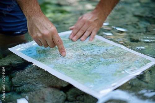 Hands pointing at a map in shallow water,Waterproof map for navigation in nature.