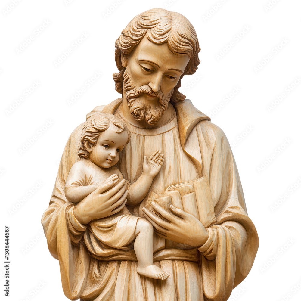 Obraz premium Holy Embrace: A finely sculpted statue depicts a tender moment of fatherly love, Saint Joseph cradling baby Jesus in his arms