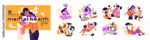 Concept set of mental health. People care about their inner, mind wellness with help of therapy, psychotherapy, yoga, self love and acceptance. Flat isolated vector illustrations on white background