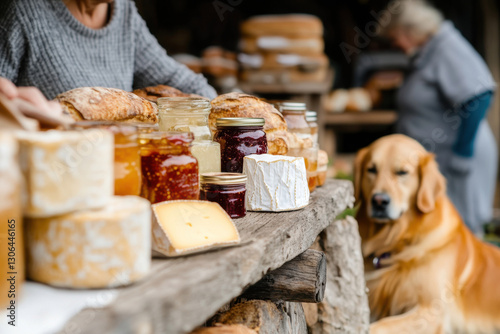 Charming countryside market bustling with homemade cheeses and fresh jams as a golden retriever patiently observes nearby