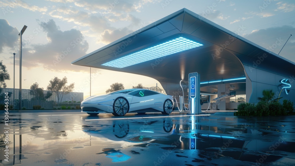 Fototapeta premium Futuristic electric car at modern charging station in evening light