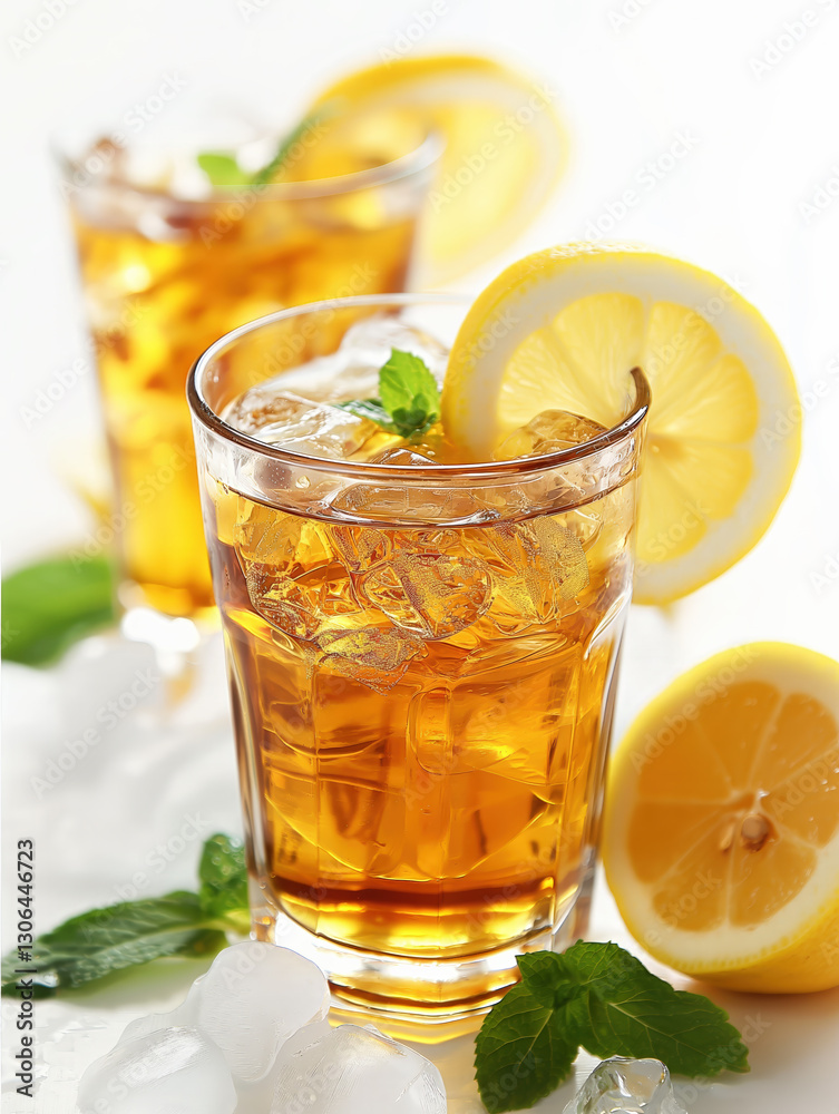 A refreshing Glass of Lemon Iced Tea with Ice Cubes and Lemon Slices on a White Background A refreshing Glass of Lemon Iced Tea with Ice Cubes and Lemon Slices on a White Background