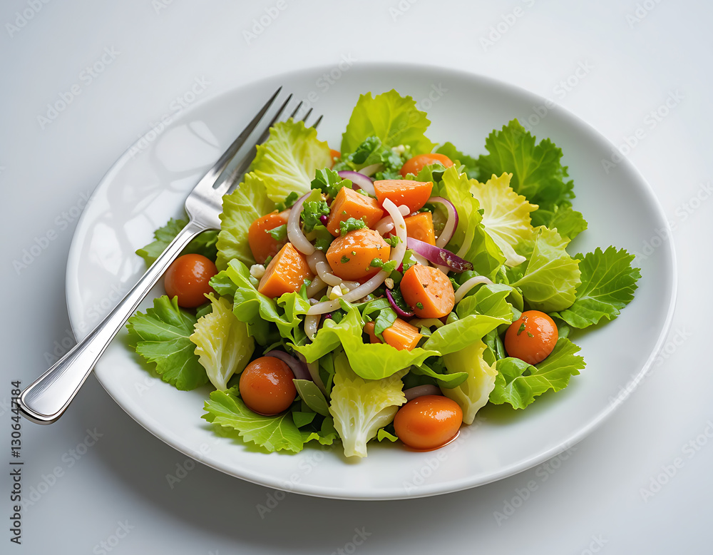 Fresh green salad with colorful vegetables on a white plate, healthy meal photography.
Fresh green salad with colorful vegetables on a white plate, healthy meal photography.