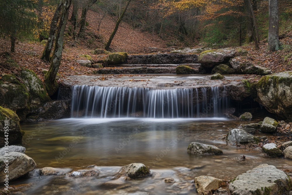 Fototapeta premium Forest Stream Cascade with Smooth Flowing Water over Rocks, Autumn Leaves, Mossy Stones, Tranquil Nature Scene