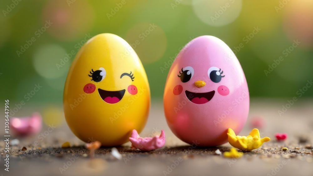 Two colorful Easter eggs with cheerful cartoon faces, one yellow and one pink, placed on natural surface with scattered flower petals. Bright and playful springtime scene for festive and holiday theme Two colorful Easter eggs with cheerful cartoon faces, one yellow and one pink, placed on natural surface with scattered flower petals. Bright and playful springtime scene for festive and holiday theme